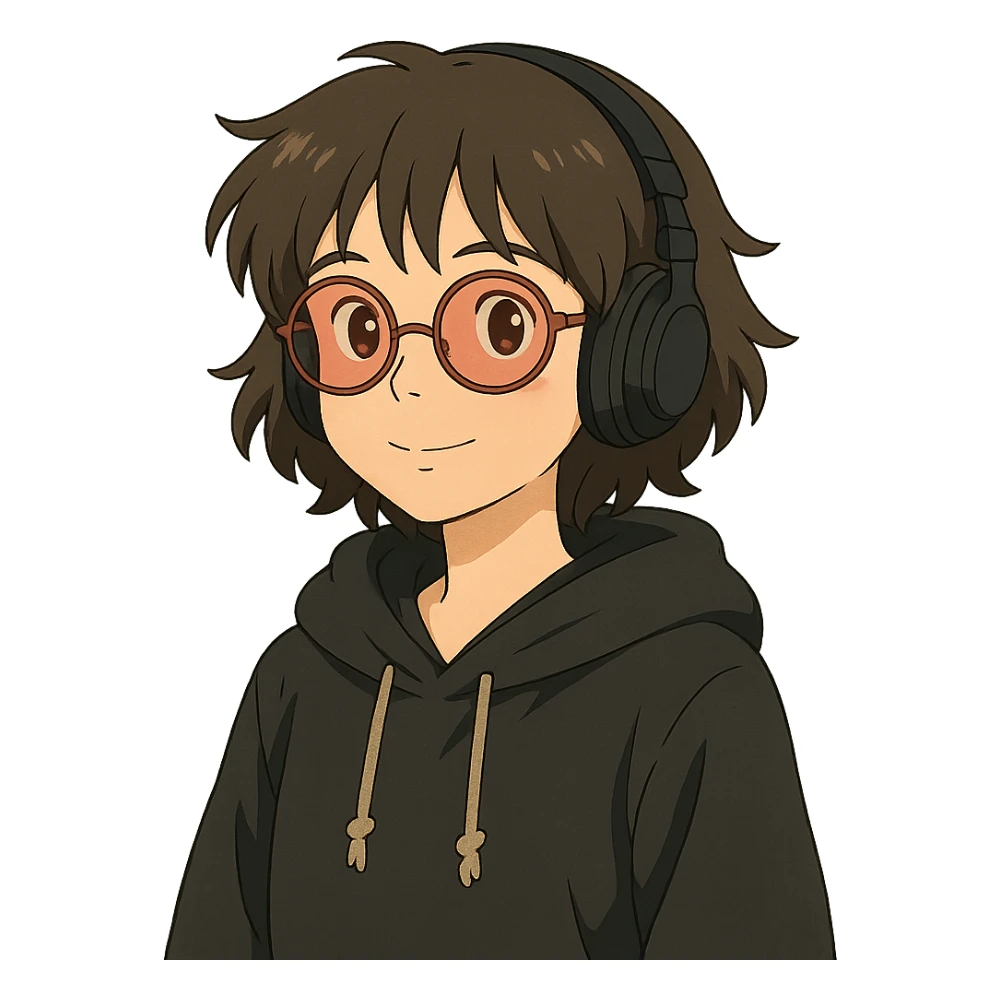 ghibli style tan brunette girl with a short wolf haircut, round ruby glasses, black headphones, and a black hoodie sticker