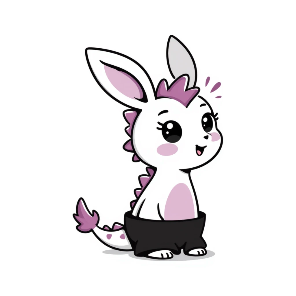 Kawaii bunny plant dragon in Samriel style, tiny spikes, extremely cute, exaggerated proportions, huge sparkly eyes, soft rounded shapes, blushing cheeks, pastel colors with pink and purple tones, delicate linework, small mouth, adorable expression, slightly sketchy lines but clean overall look sticker