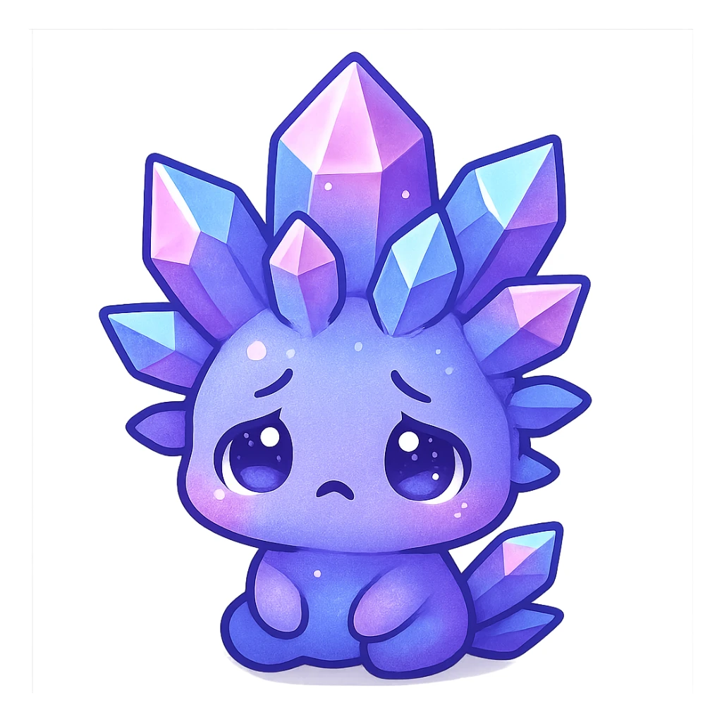 chibi kawaii crystal sprite creature, purple blue and pink colors, sad expression, cute and adorable sticker