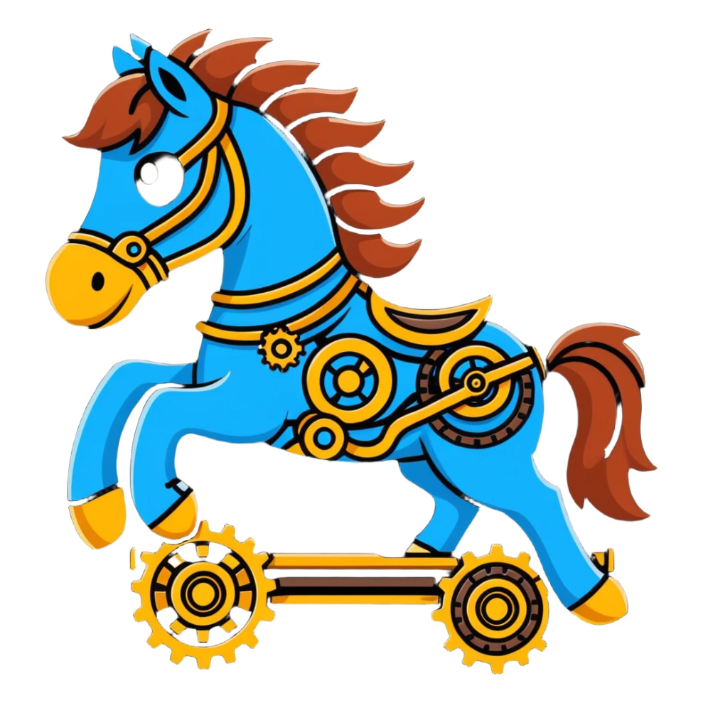 Steampunk mechanical horse with exposed gears, cogs, wires, and rope details sticker
