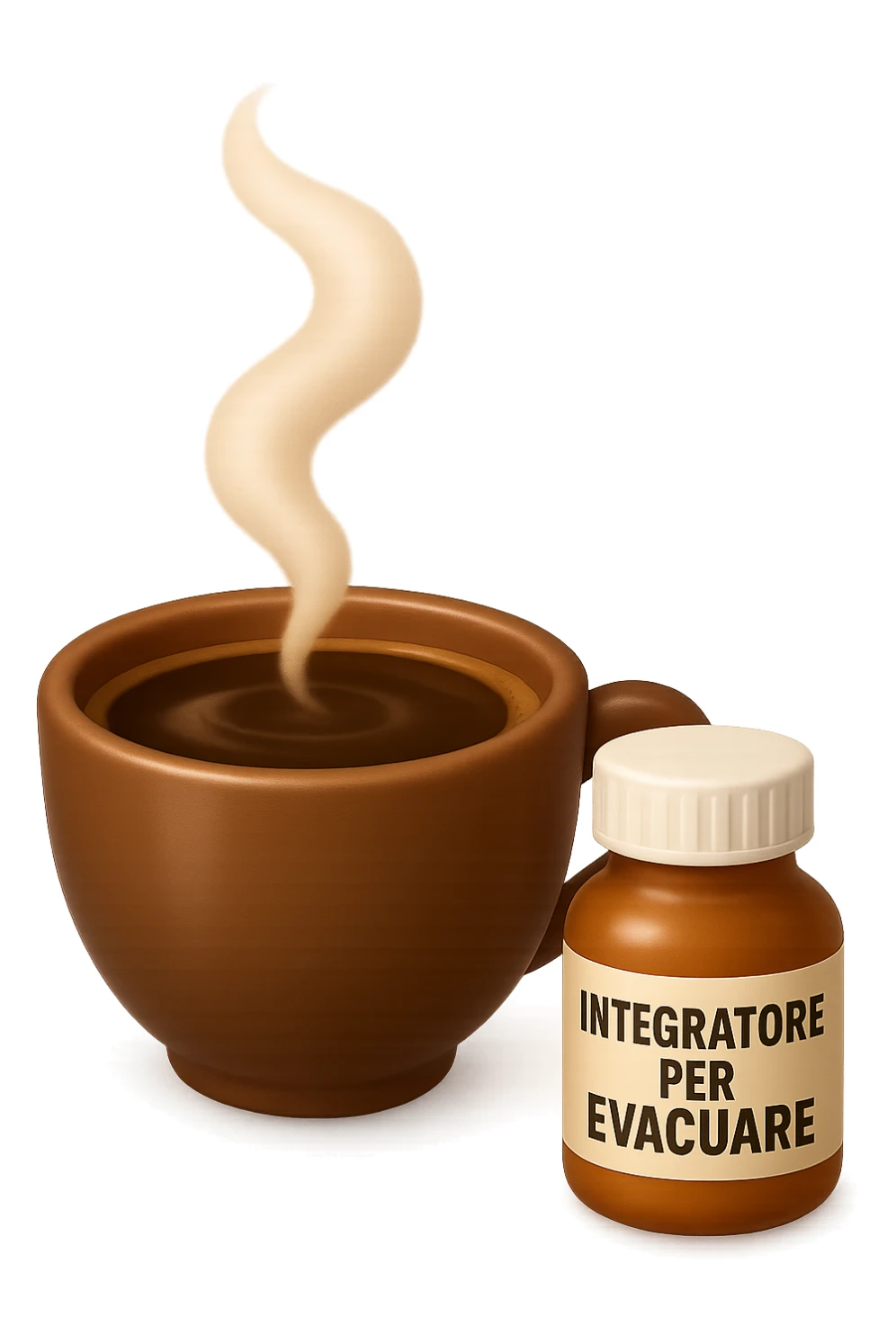 EMOJI STILE IPHONE 3D DI un caffè e di una boccetta di integratore con la scritta "INTEGRATORE PER EVACUARE" SULL'ETICHETTA, iperrealistico 4k sticker