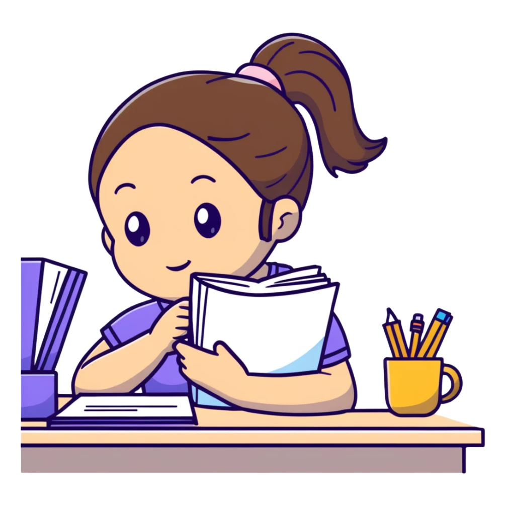 Girl with ponytail reading a notebook while sitting at desk sticker