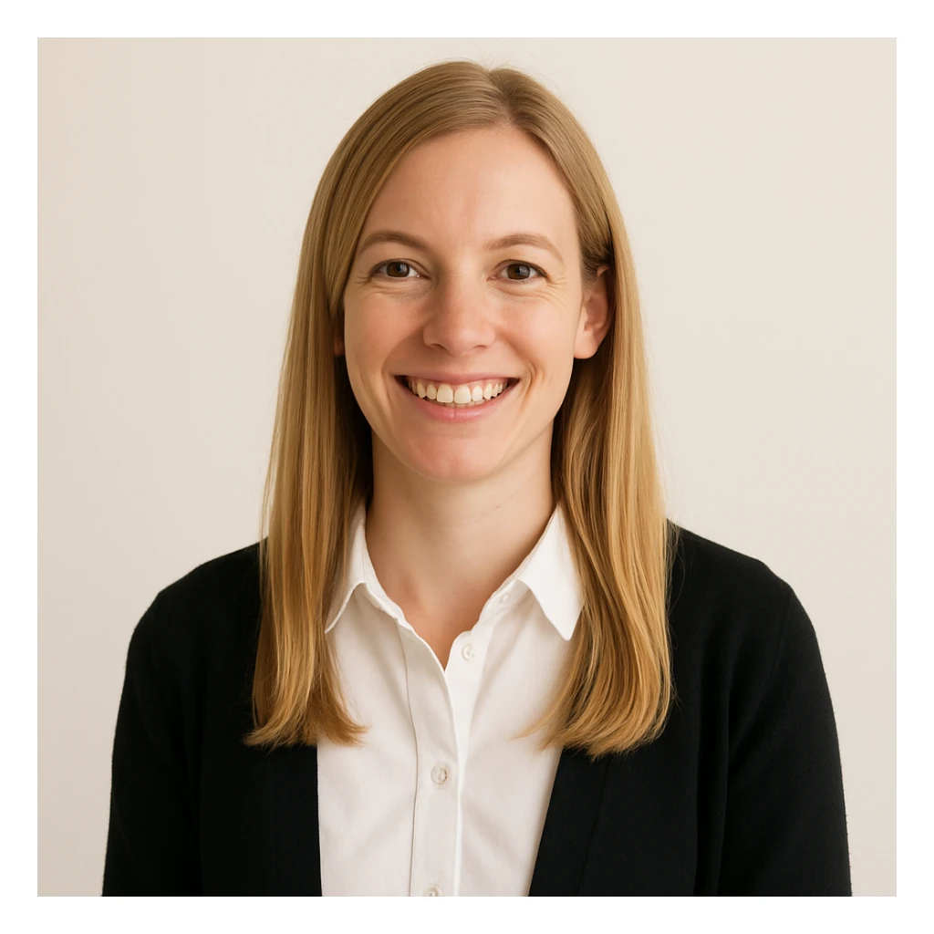 profesora sonriente con cabello rubio liso y piel clara, fondo claro sticker