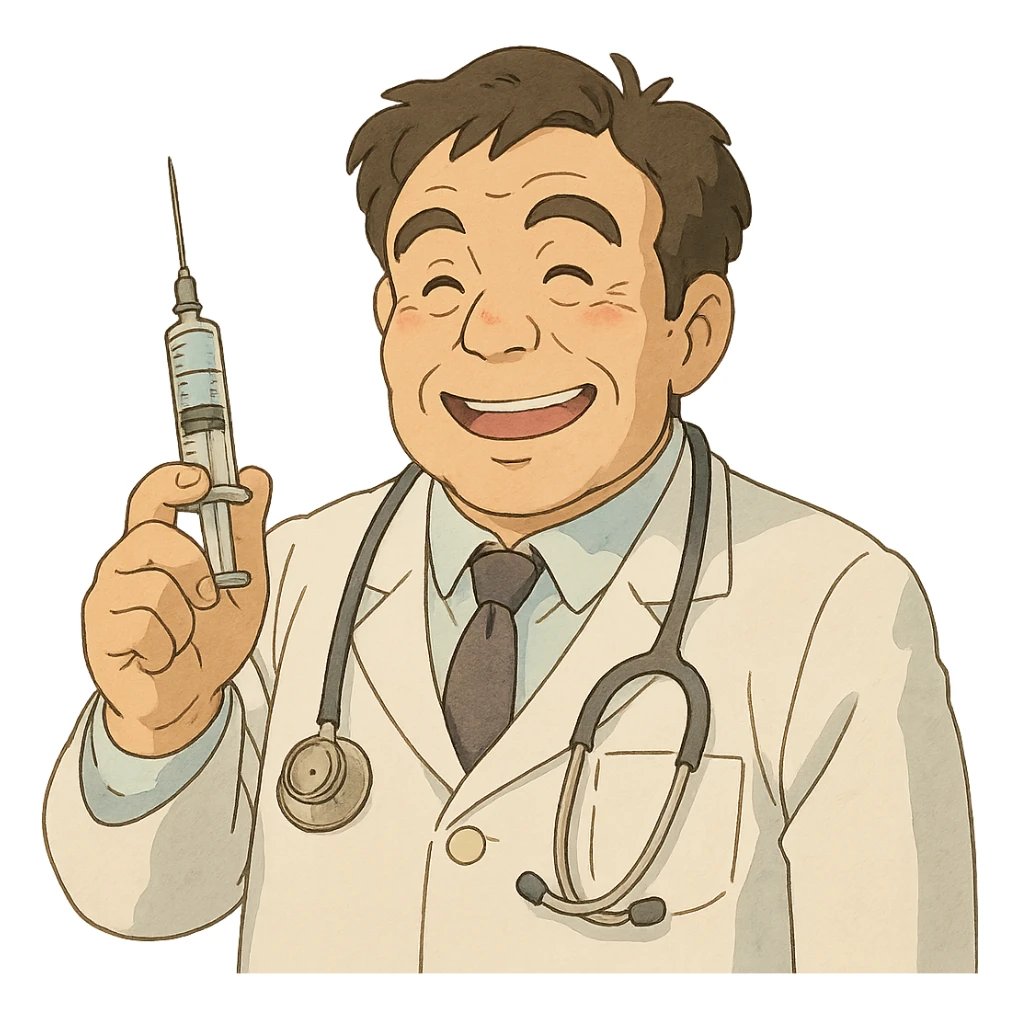 happy doctor with syringe, ghibli style sticker