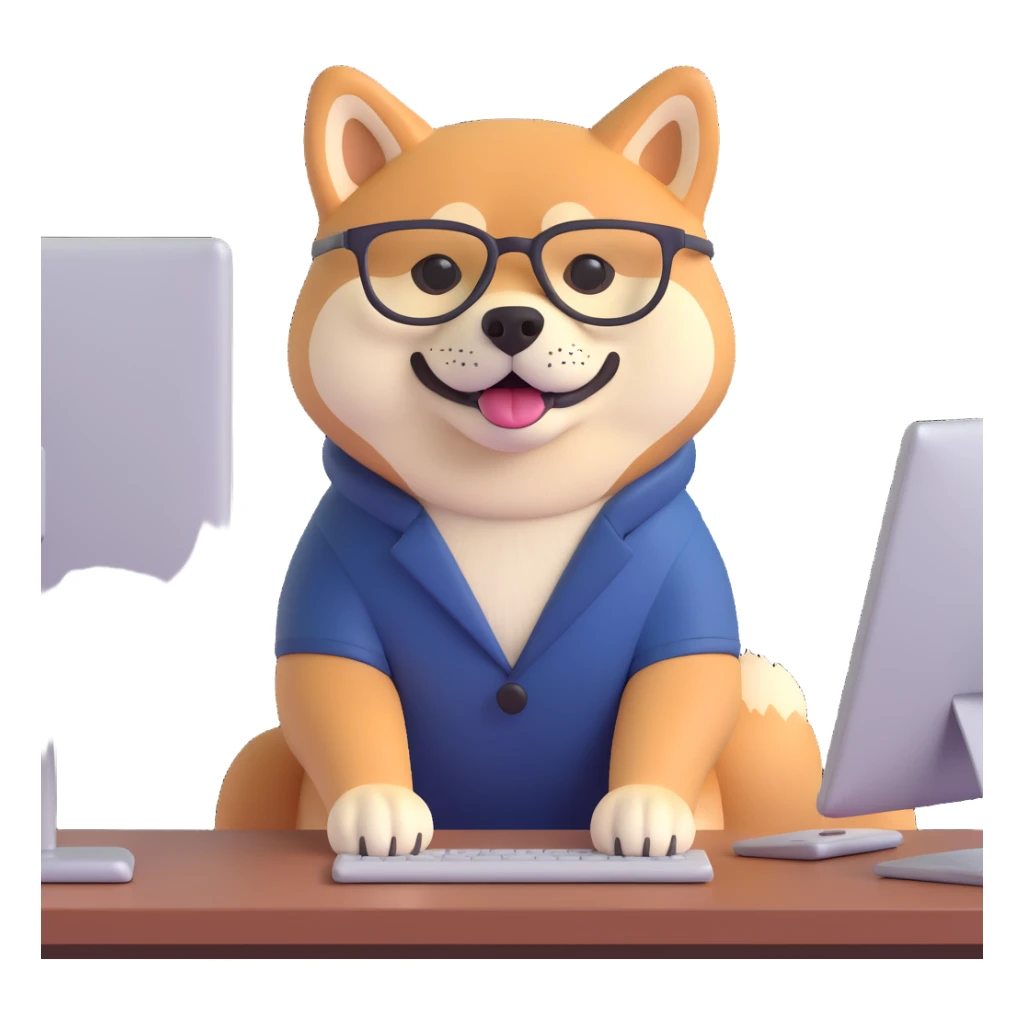shiba inu with eye glasses and computer sticker