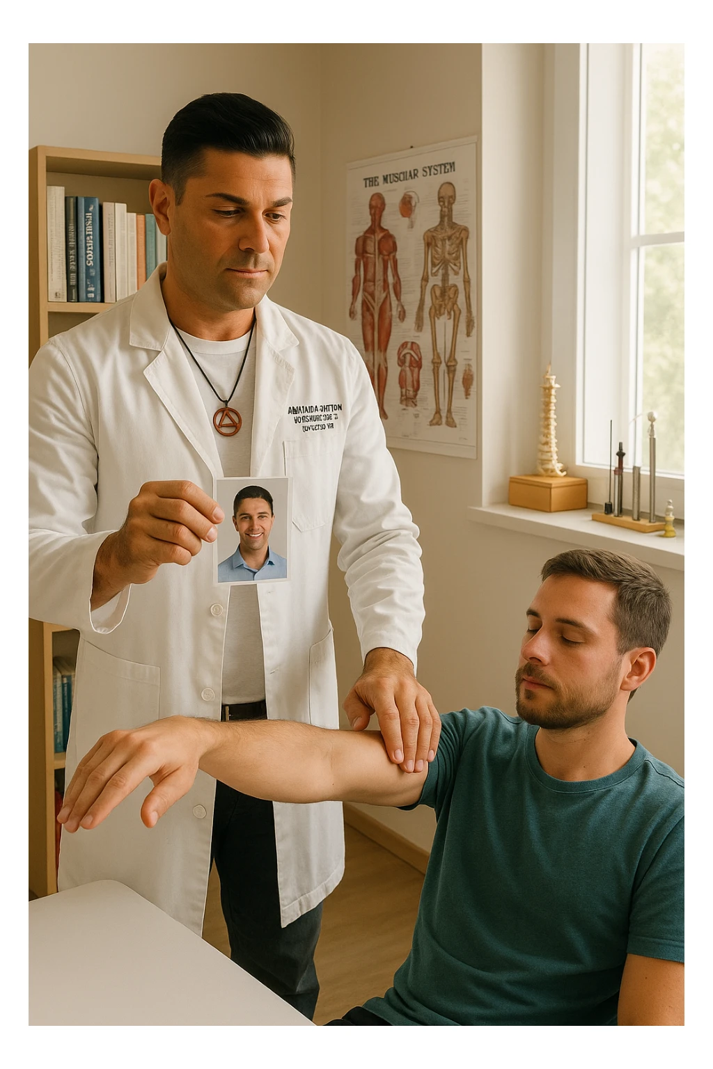 a middle-aged man, dressed in casual professional attire, is in a bright, organized therapy studio. Durante una visita di kinesiologia, il testimone tiene con una mano la foto di una persona lontana (il “testimone”) tiene la foto in mano, mentre con l’altra mano esegue un test muscolare su un cliente presente. Sullo sfondo si vedono libri di kinesiologia, poster anatomici e strumenti tipici della disciplina. L’atmosfera è concentrata e serena, con luce naturale che entra dalla finestra, sottolineando l’aspetto alternativo e umano della pratica. sticker