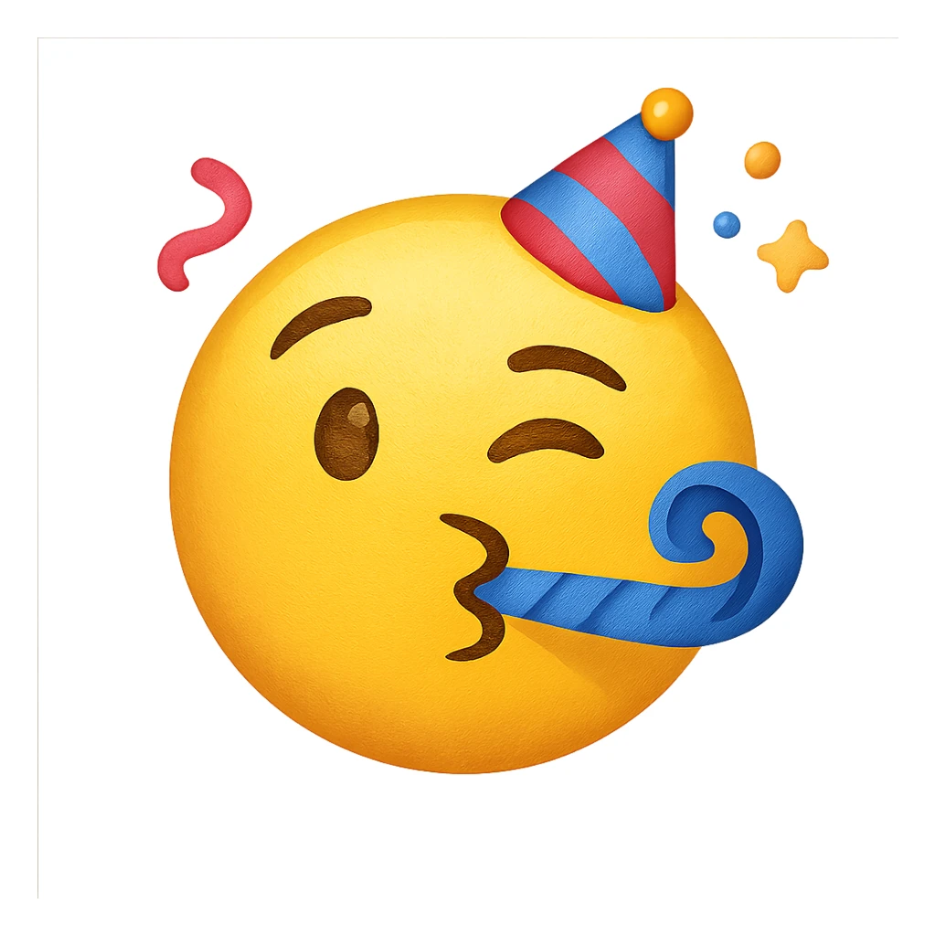 yellow face with blue party streamer emoji, digital illustration sticker