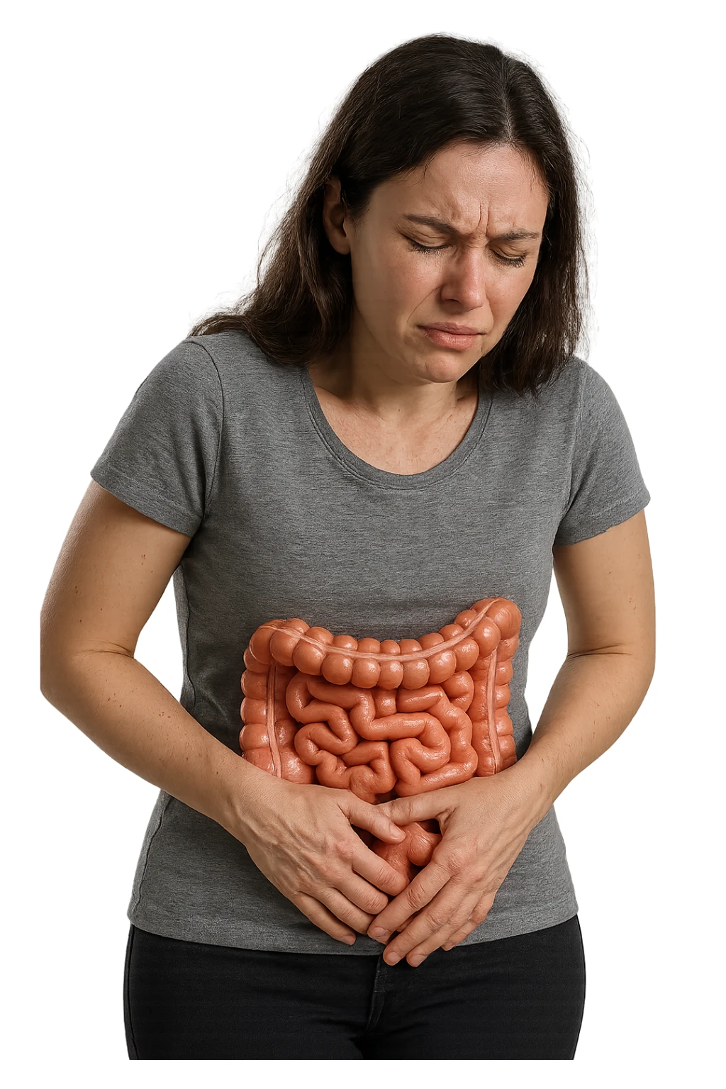 DONNA CON INTESTINO ANATOMICO REALISTICO IN EVIDENZA E MAL DI PANCIA, IPERREALISTICO 4K sticker