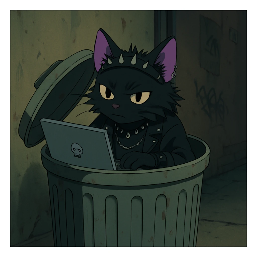 a garbage can with a cyberpunk goth punk cat holding a laptop poking out of it, in the style of Ghibli sticker