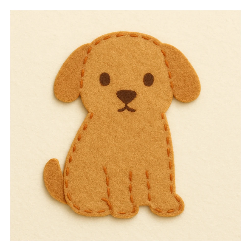 Minimal felt patch of a dog with soft matte felt, muted orange stitched edge, low detail, small round eyes, simple triangle nose, no mouth, warm color palette, flat perspective, off-white background sticker