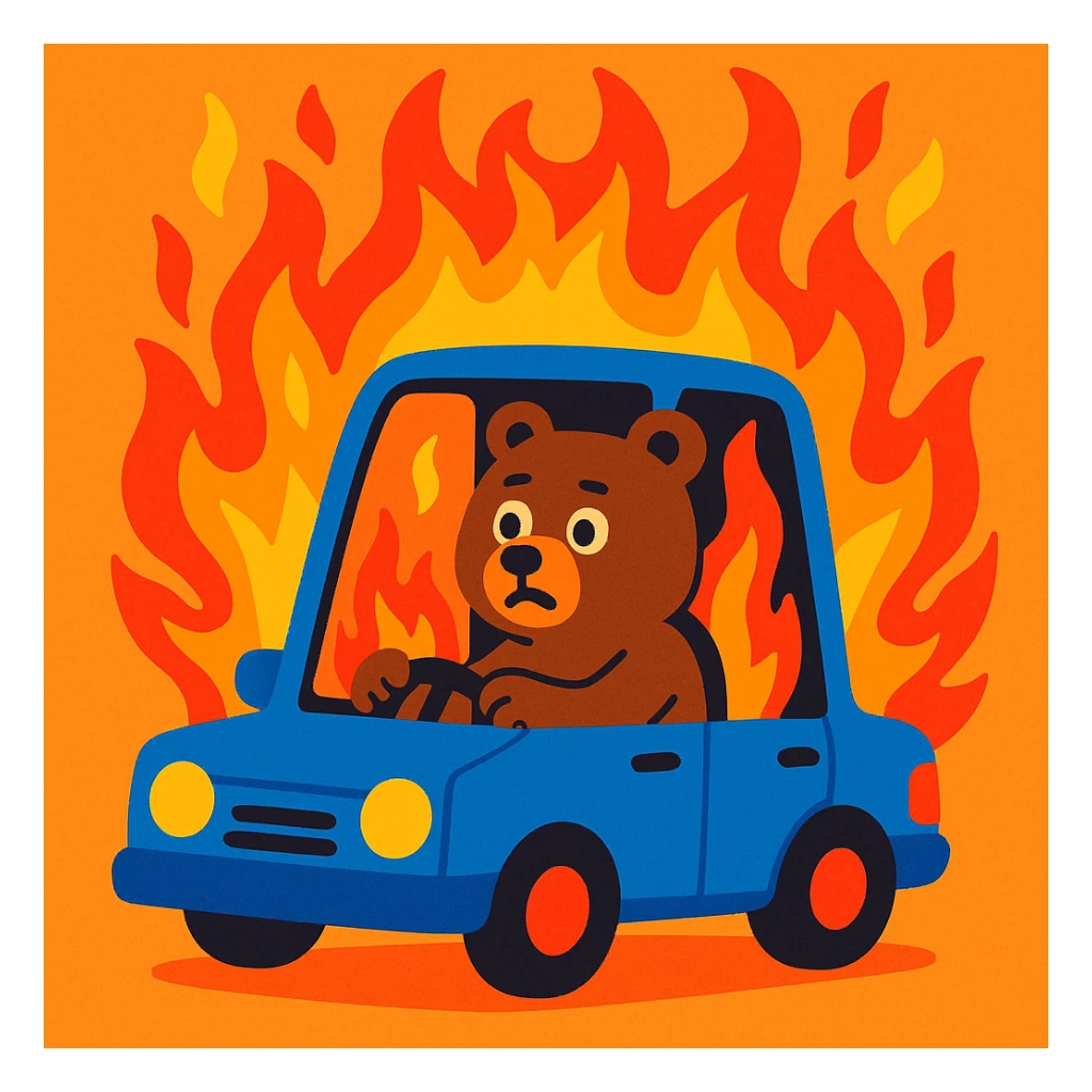 a brown bear sitting inside a blue car that is on fire, cartoon style, vibrant colors, expressive flames sticker