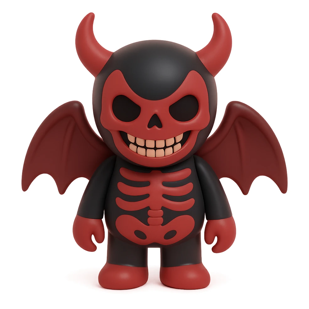 horrifying monster with skeletal features, tattered wings, sinister grin, dark red and black colors, vinyl figure style sticker