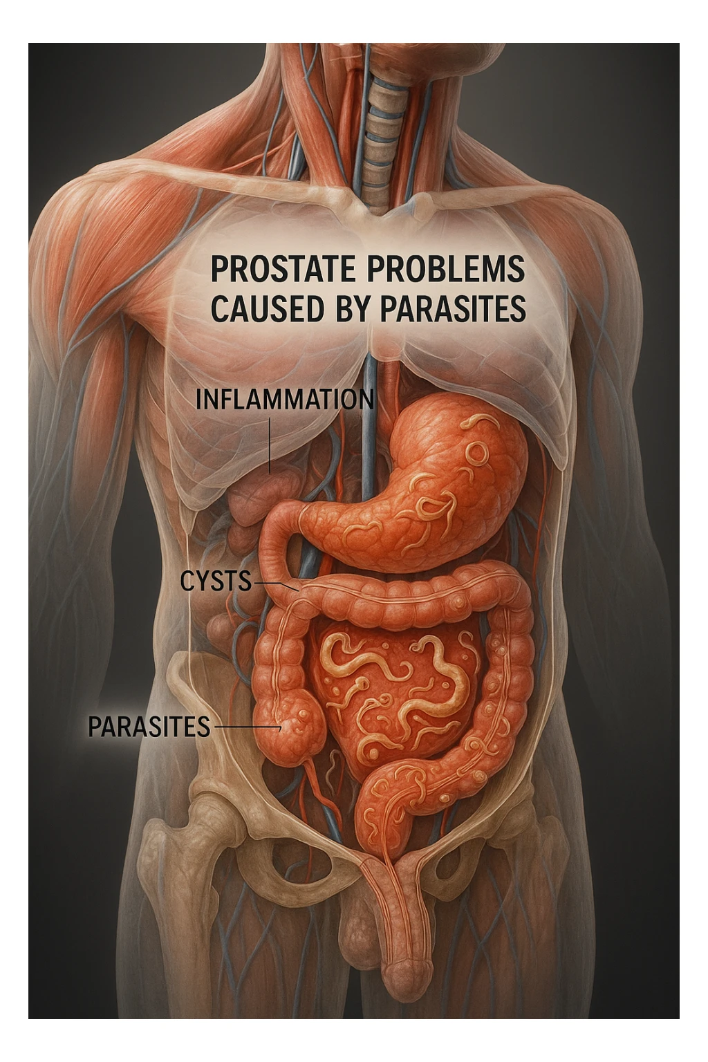 Vertical, hyper-realistic 3D cutaway illustration: the human body is shown in semi-transparent layers, exposing various types of problemi alla prostata a causa dei parassiti sticker