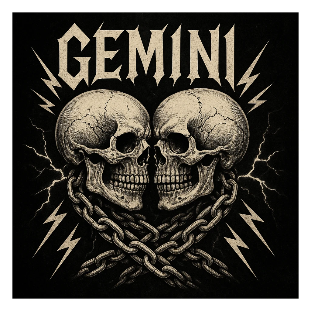Twin skulls with Gemini theme, heavy metal band logo style, chains and lightning, dark background sticker
