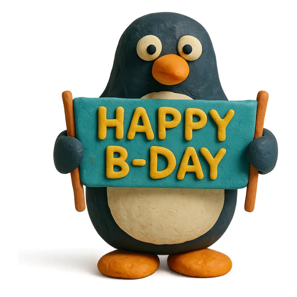 penguin holding a "Happy B-Day" banner, claymation style sticker
