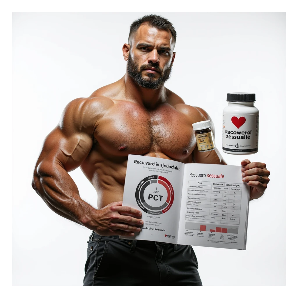 hyper realistic bodybuilder in gym holding a PCT chart and a brochure with Italian text 'Recupero sessuale', supplements and heart symbol next to him, positive atmosphere, caption 'PCT: salute ritrovata', isolated on white background sticker