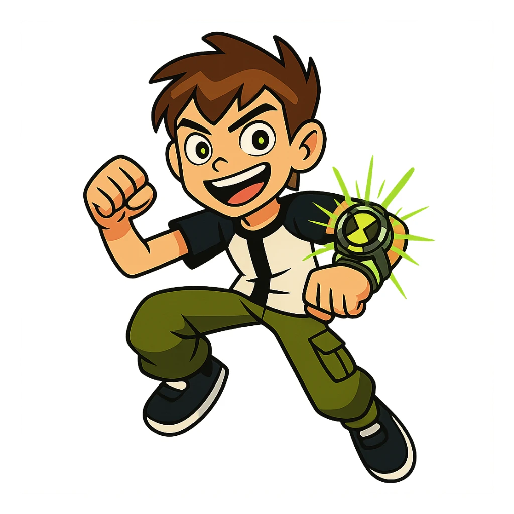 Ben 10 in vibrant toon style, dynamic pose, glowing Omnitrix, energetic expression sticker