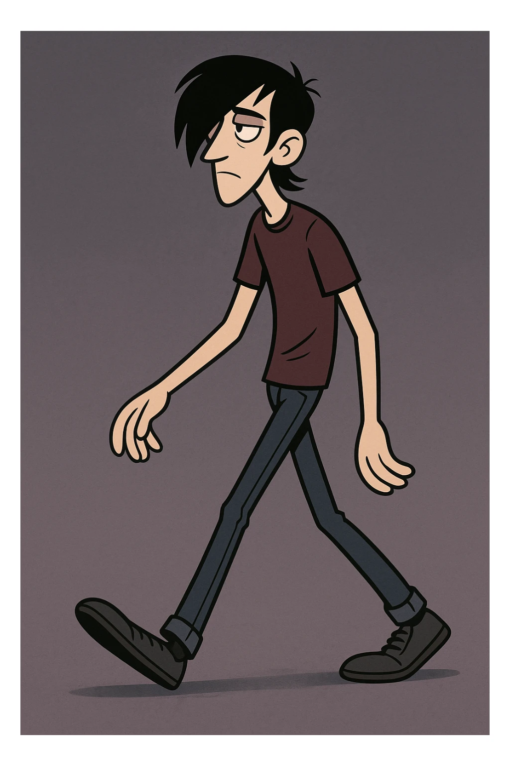 tall thin man with long black emo bangs walking, casual clothes, stylized, flat toon style, moody vibe sticker