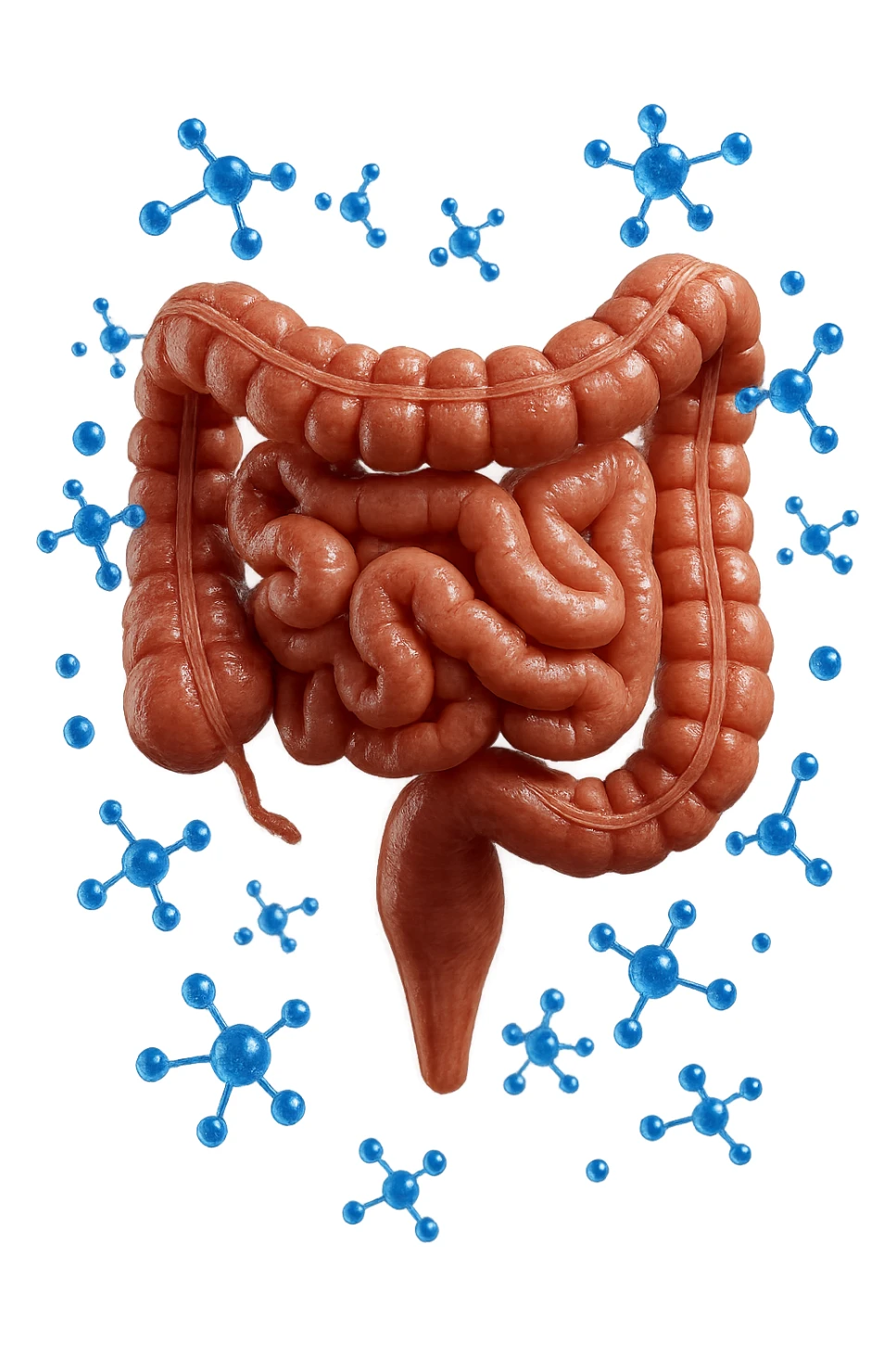 INTESTINO UMANO ANATOMICO CON MOLECOLE CHIMICHE BLU IN 3D CHE GLI FLUTTUANO INTORNO, IPERREALISTICO 4K sticker