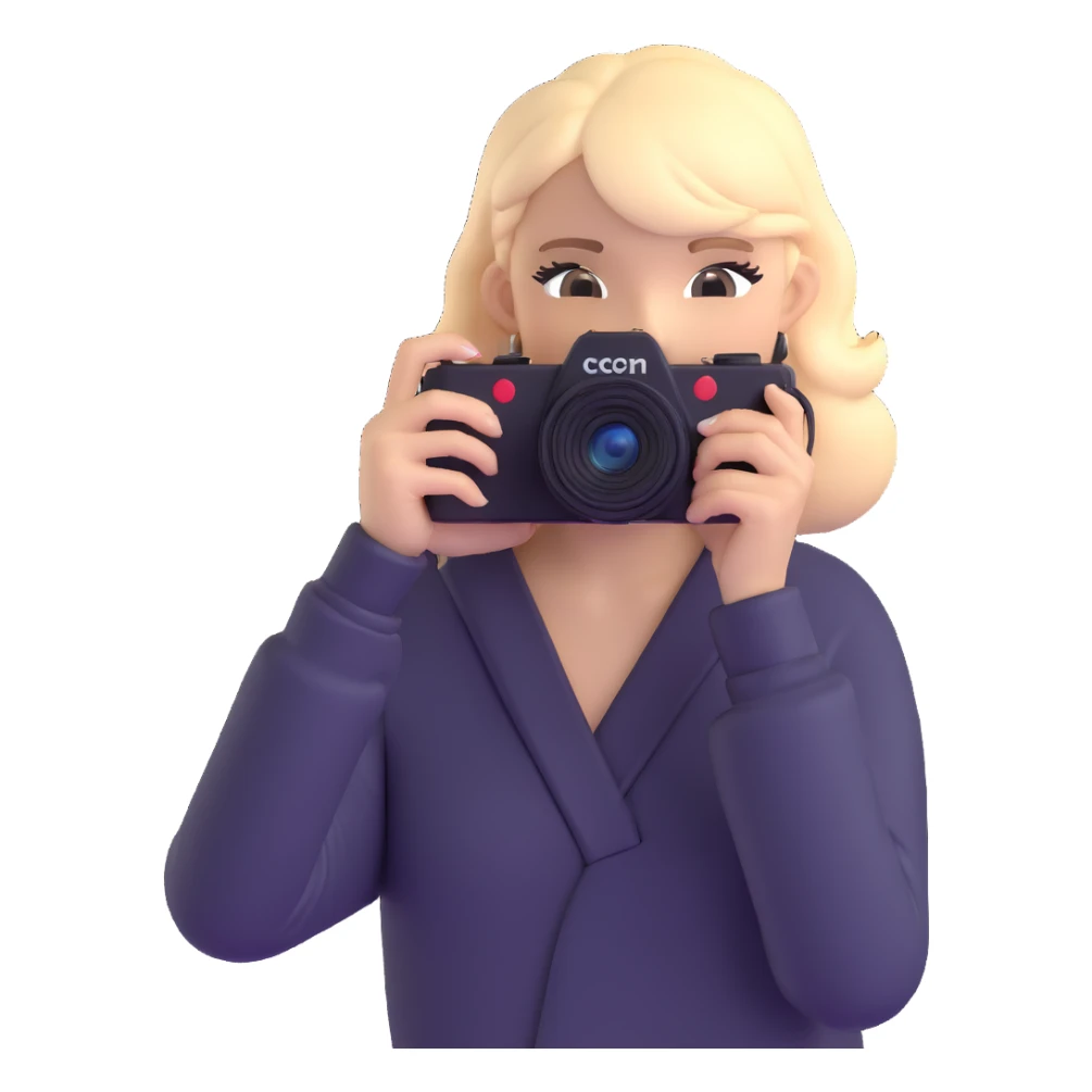 Professional European fashion model during photoshoot, posing while taking photo with camera sticker