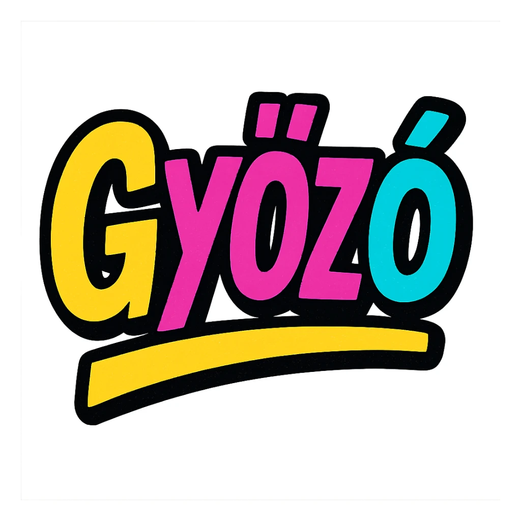 The name 'Győző' in a modern, colorful gradient font with a dark outline, dynamic style with slanted or partial underline, in the style of reference patterns. sticker