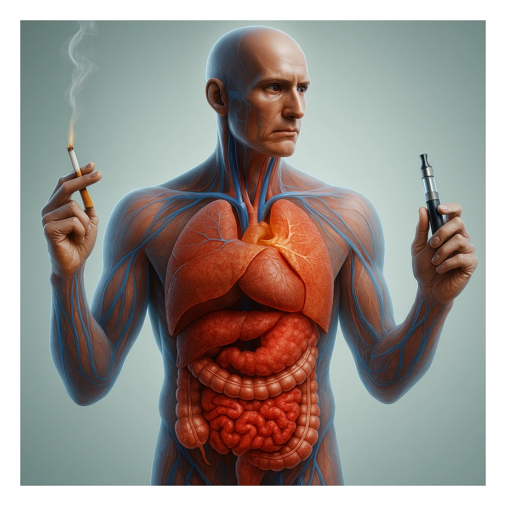 Medical illustration, hyperrealistic 4K, realistic anatomical human body, inflamed liver and intestine highlighted, holding a lit normal cigarette in the right hand and an electronic cigarette in the left hand, clear background, extremely detailed, same lighting and style as the reference image. sticker