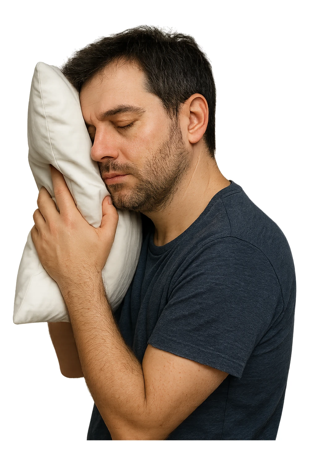 uomo di profilo assonnato che si tiene un cuscino contro la testa, occhi chiusi, iperrealistico 4k, isolato su sfondo bianco sticker