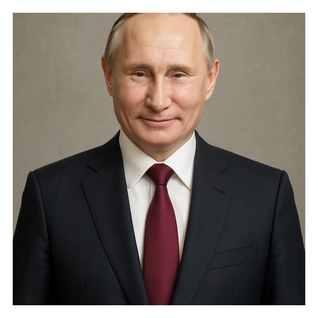 highly realistic photorealistic portrait of Vladimir Putin, smiling gently, full upper body visible, centered in the frame sticker