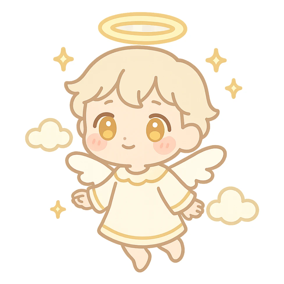 chibi angel character with soft glowing halo, tiny white wings, golden eyes, blushing cheeks, pastel white and gold outfit, floating pose, dreamy expression, sparkles and clouds around, kawaii celestial sticker sticker