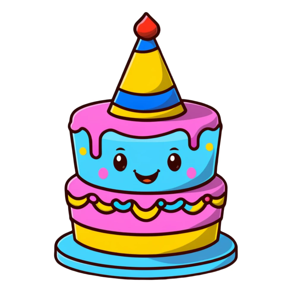 cute birthday cake with smiling face and party hat sticker
