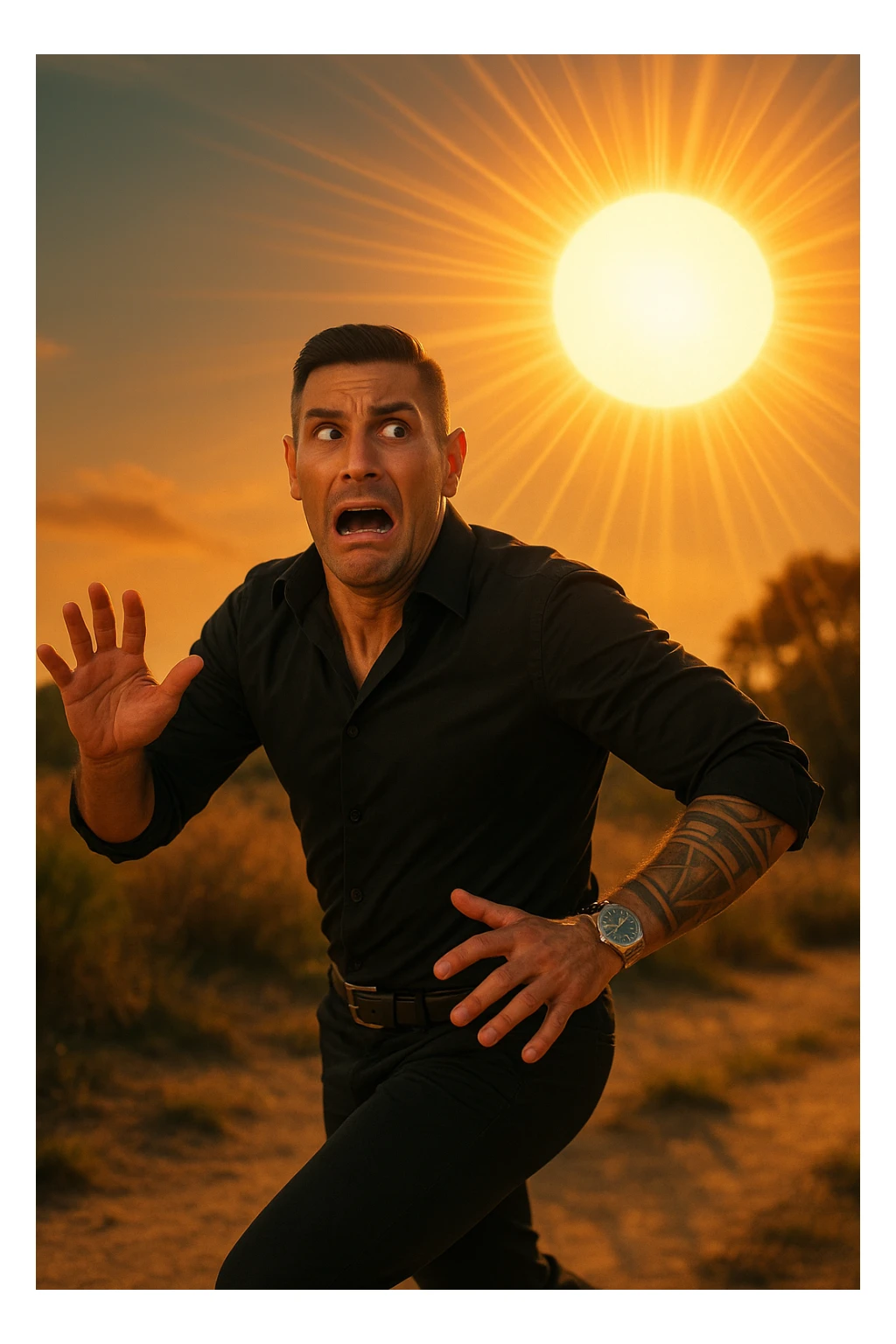 Uomo che corre via dal sole spaventato perchè pensa sia nocivo realistica sticker