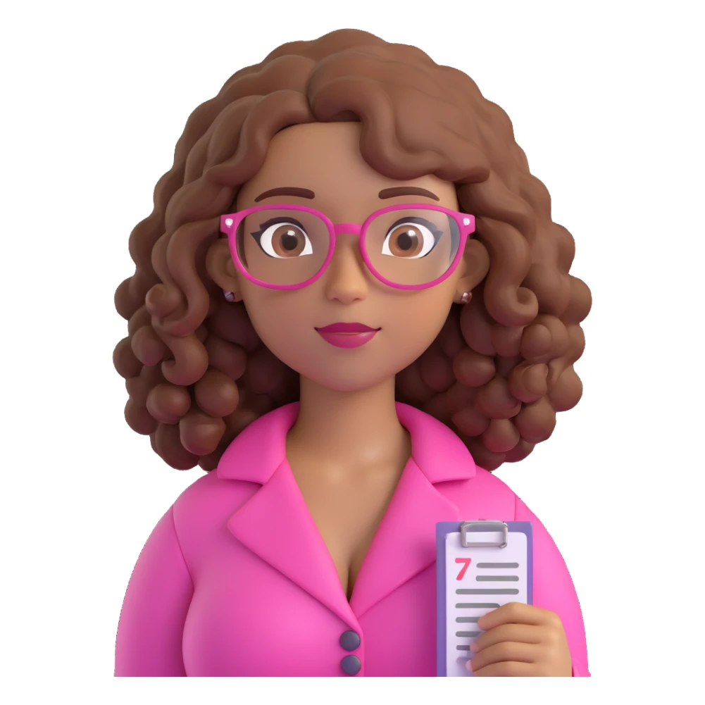 3D style character with curly hair, light brown skin, brown eyes, pink prescription glasses, busty sticker