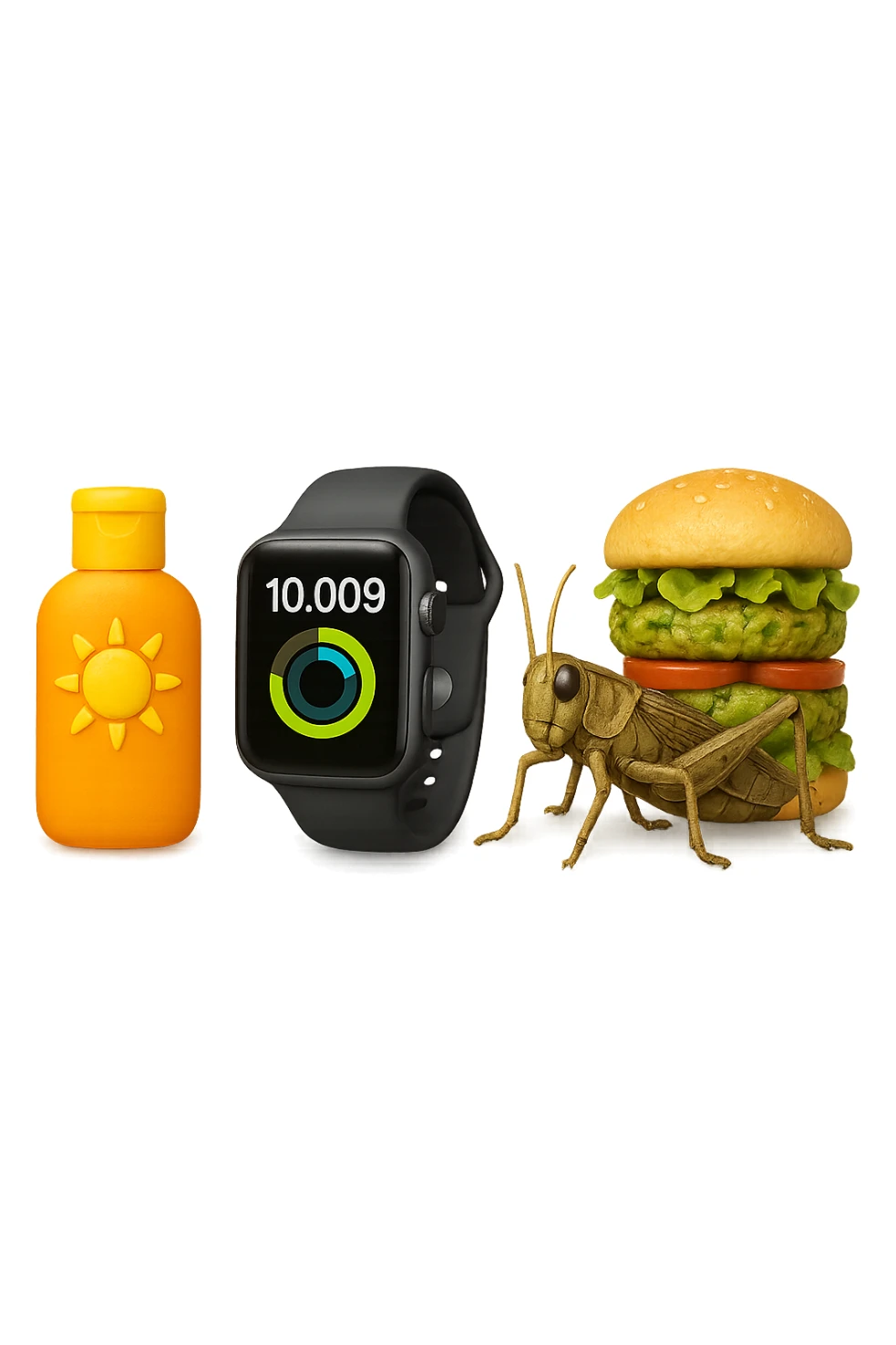 emoji stile iphone di una boccetta di CREMA SOLARE, UNO SMARTWATCH CONTAPASSI, UN GRILLO, UNA TORRETTA DI HAMBURGER FATTI CON I PISELLI, IPERREALISTICO 4K sticker