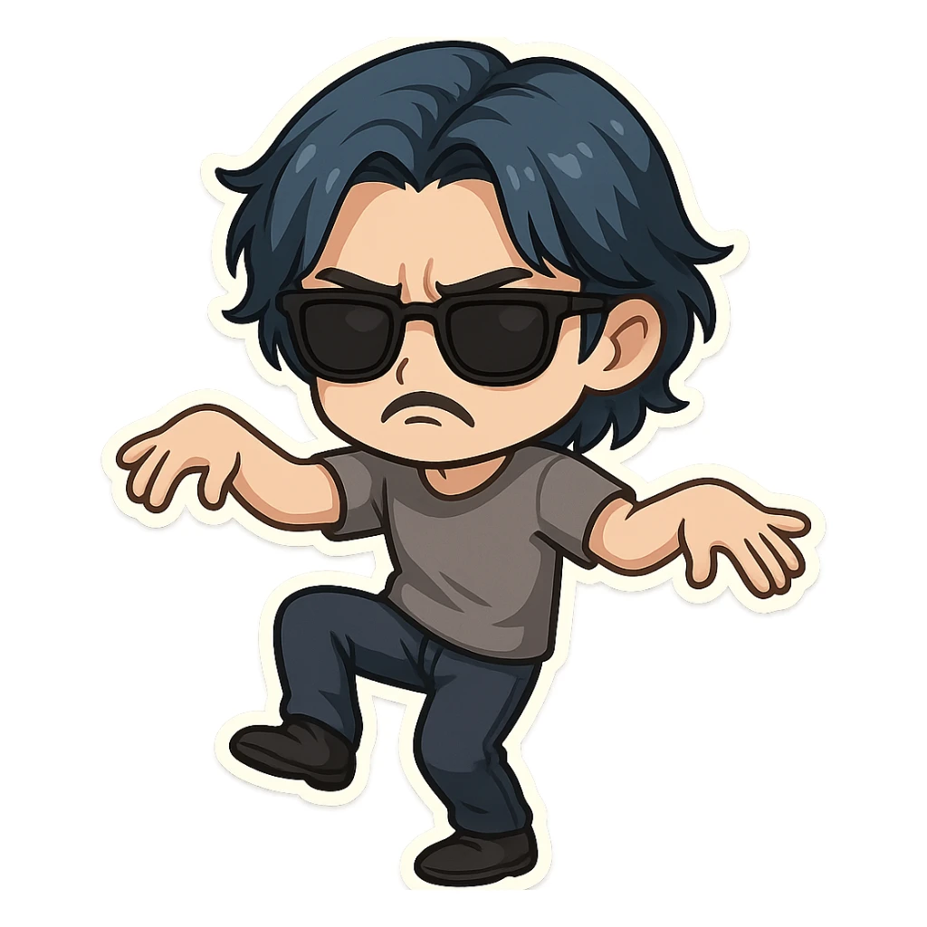 a dark brooding hipster with electric dark blue hair, surfer middle part, chin length hair, black classic rayban shades, plain gray t-shirt, doing the gimmie dance, maniac dance, 1980's dance sticker