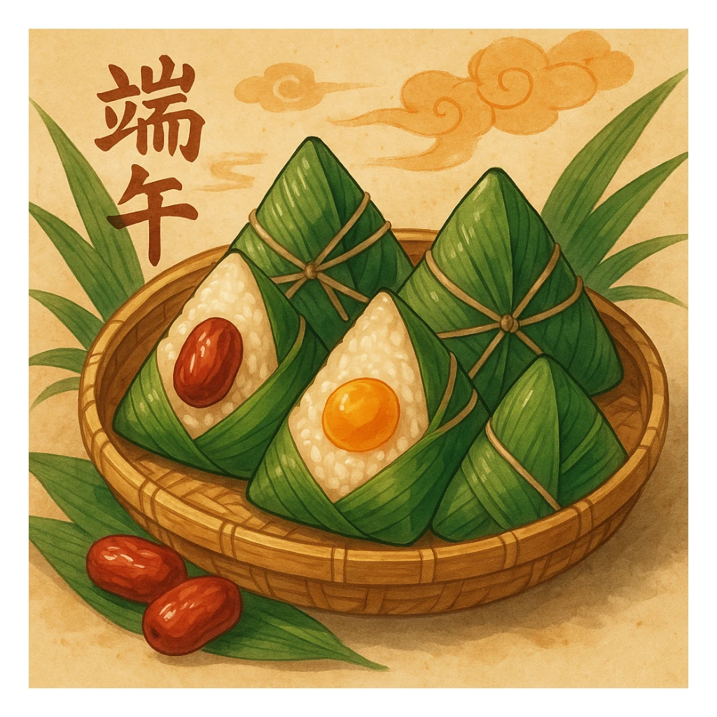 端午节粽子，传统中国风，叶子包裹，糯米馅，带有红枣或咸蛋黄点缀，温馨节日氛围，Chinese traditional style, warm festive atmosphere sticker
