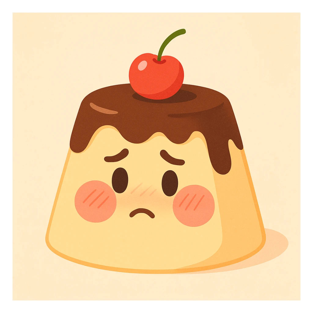 shy pudding with blushing cheeks, cherry on top, creamy soft background, pastel toon style sticker