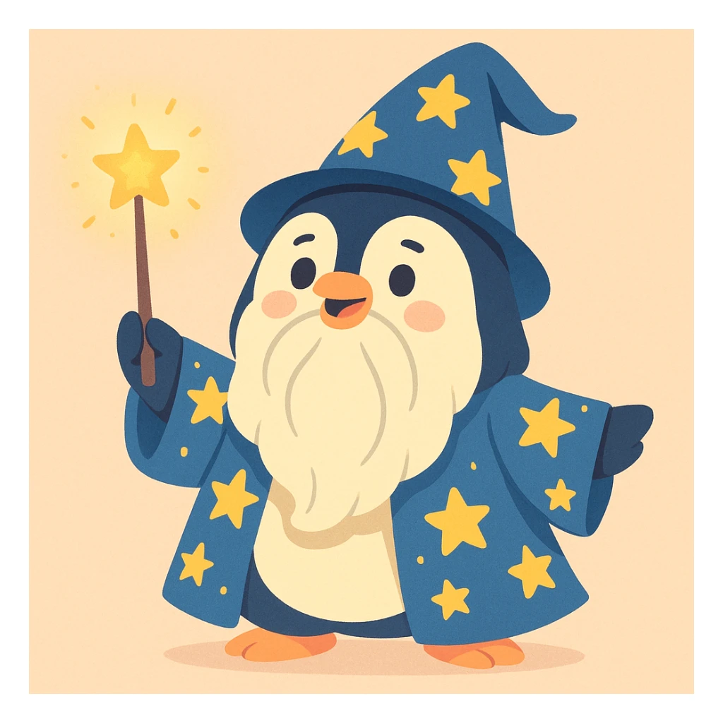 chubby penguin wizard with a long beard, starry robe, and a glowing wand, soft pastel illustration style sticker