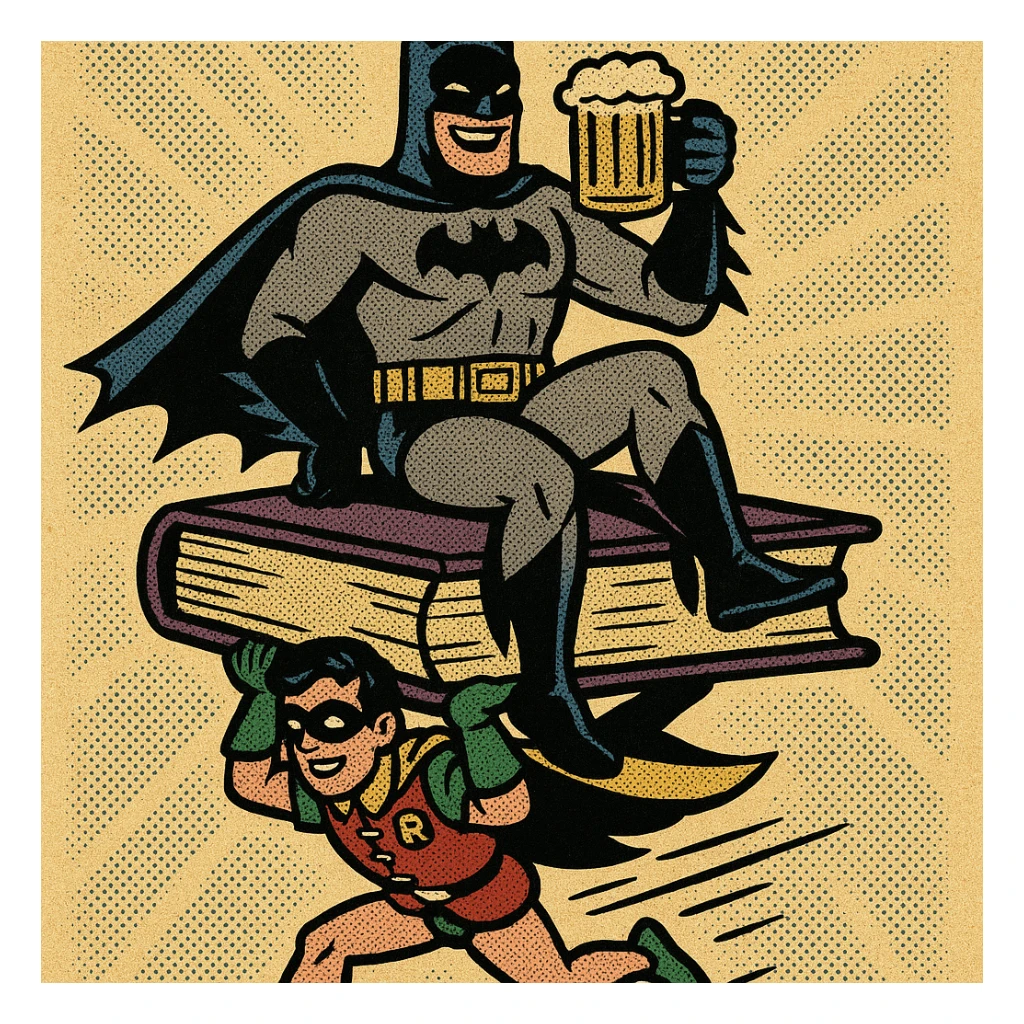 Batman enjoying a beer while sitting on a book, with Robin carrying the book, playful superhero vibe, comic style sticker