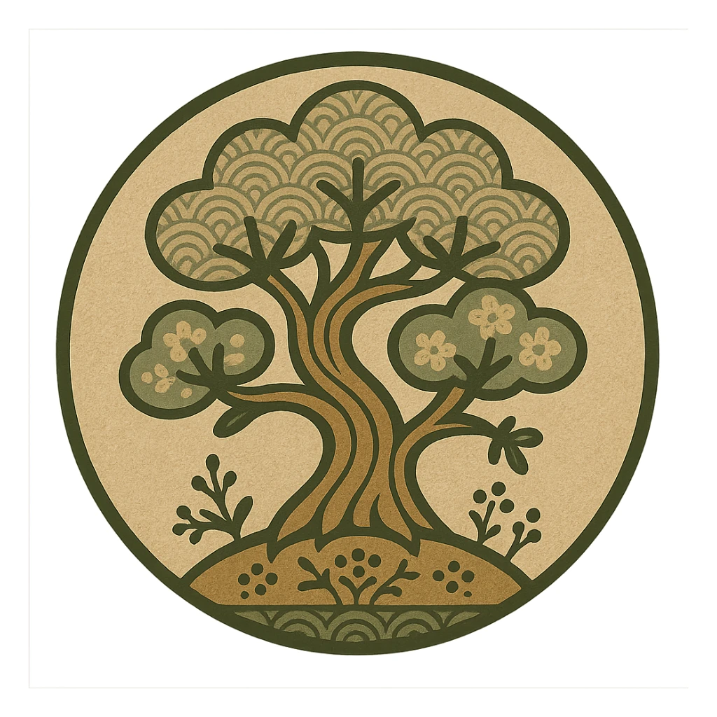 Create a round favicon version of the image showing a tree growing from the ground in Scandinavian folk art style. Maintain classic detail and use a traditional neutral folk art palette. The image should have a transparent background and be suitable for favicon, logo, and emoji usage. sticker