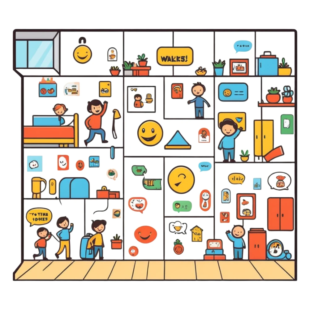 wall of jokes, a cartoonish sticker style scene showing a wall covered with various humorous illustrations and jokes sticker