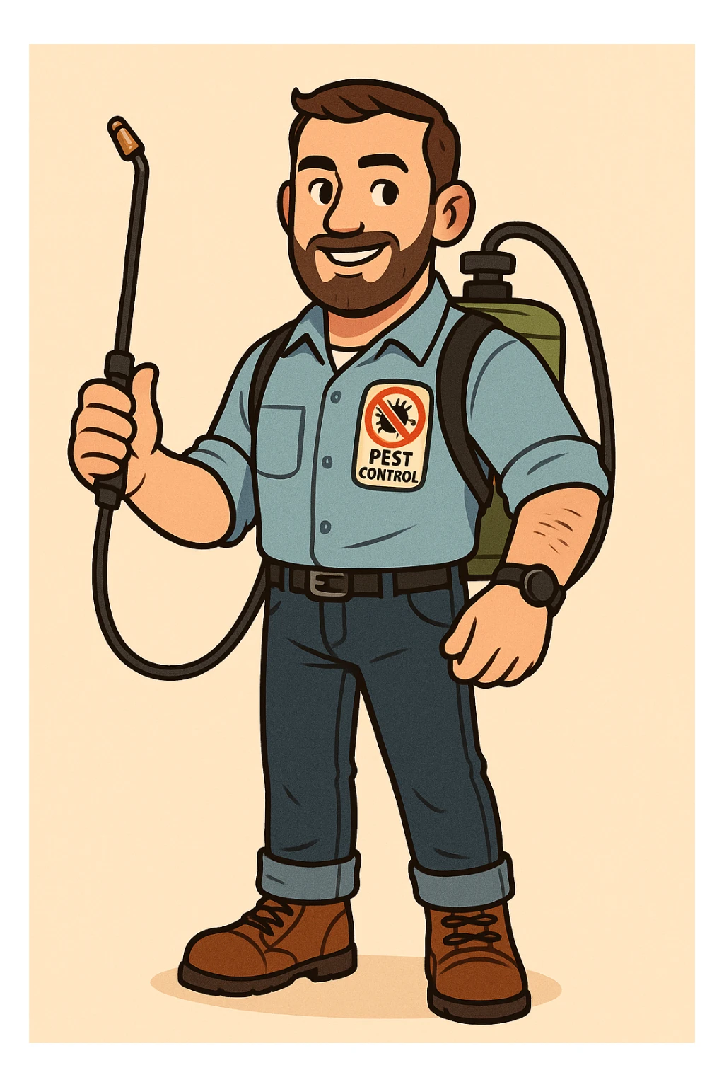 A friendly male pest control technician with short beard and short hair, wearing a light blue uniform shirt with rolled-up sleeves, dark jeans, brown boots, and a black wristwatch. He has a patch on his chest with a colorful anti-pest logo (insects crossed out) and the words 'PEST CONTROL'. He carries a green fumigation tank on his back with a black hose and holds the spray wand in one hand. He has a confident and approachable expression. The illustration should use bold outlines, warm colors, and clean, flat shading style. The background should be simple or light beige, in a flat toon style. sticker