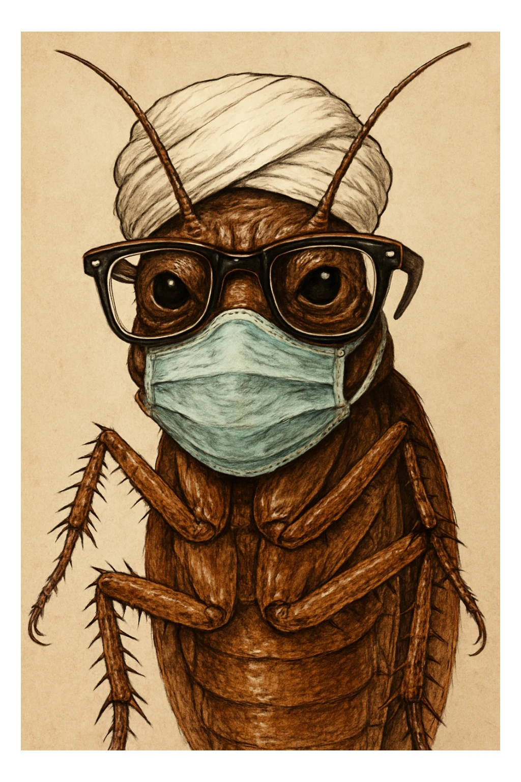 cockroach wearing a white turban, a facemask, and nerd glasses, detailed and expressive sticker
