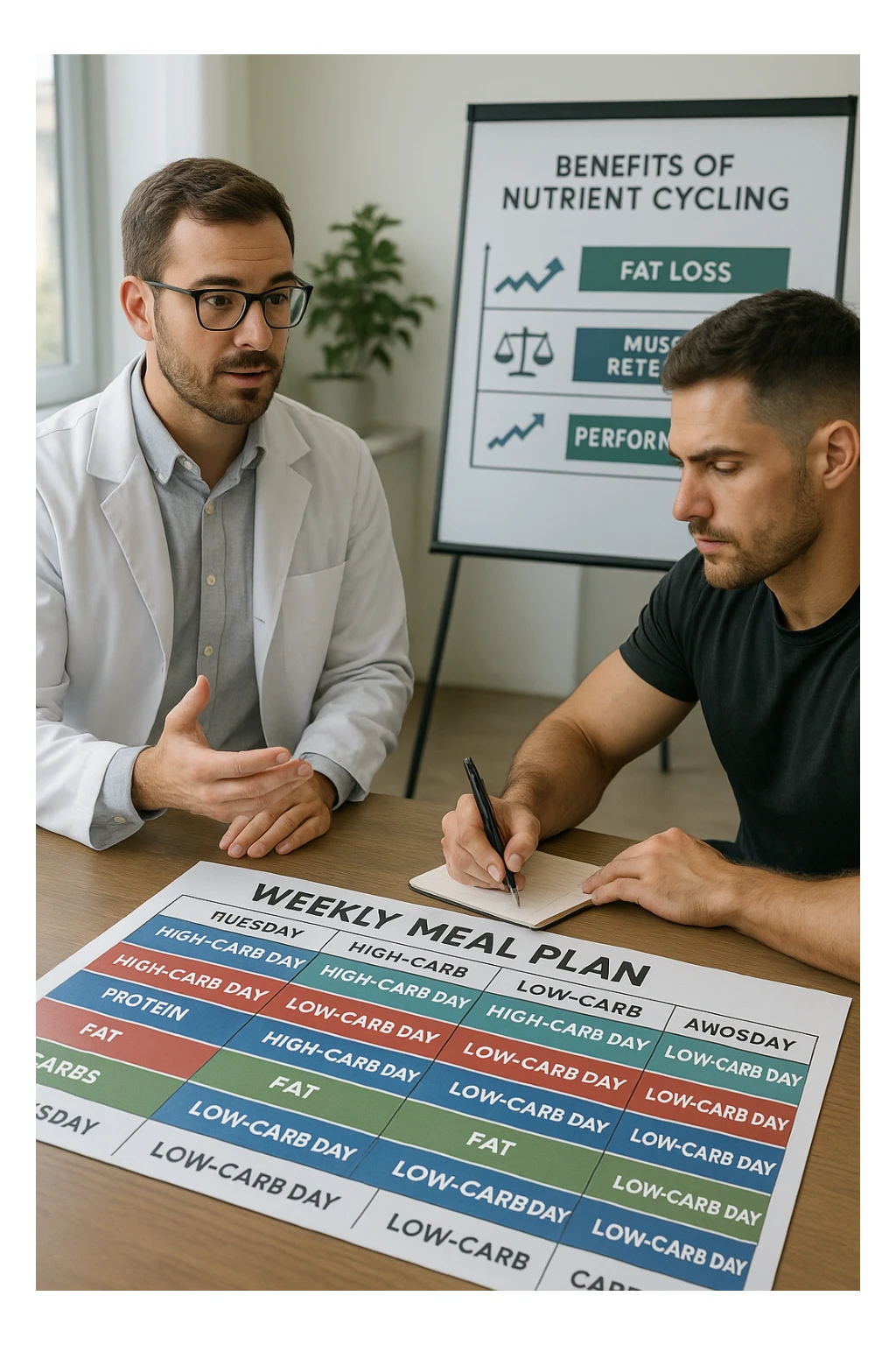 a nutritionist explains to an athlete how to cycle macronutrients for fat loss and training. On the desk, a weekly meal planner shows alternating high-carb and low-carb days, with color-coded sections for proteine, grassi, and carbo. The athlete takes notes, and a chart in the background illustrates the benefits of nutrient cycling. The mood is professional and educational. scritto in italiano sticker