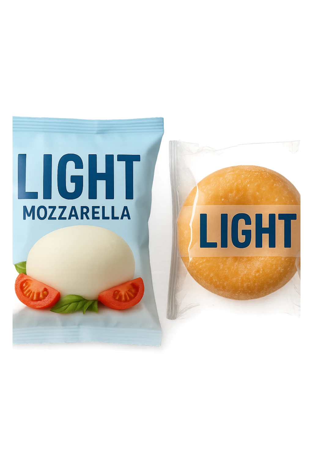 PACCHTTO DI MOZZARELLA LIGHT CON LA SCRITTA "LIGHT" SULLA CONFEZIONE, ACCANTO AD UN DONUT CONFEZIONATO CON LA SCRITTA "LIGHT" SULL'ETICHETTA,  iperrealistico 4k sticker