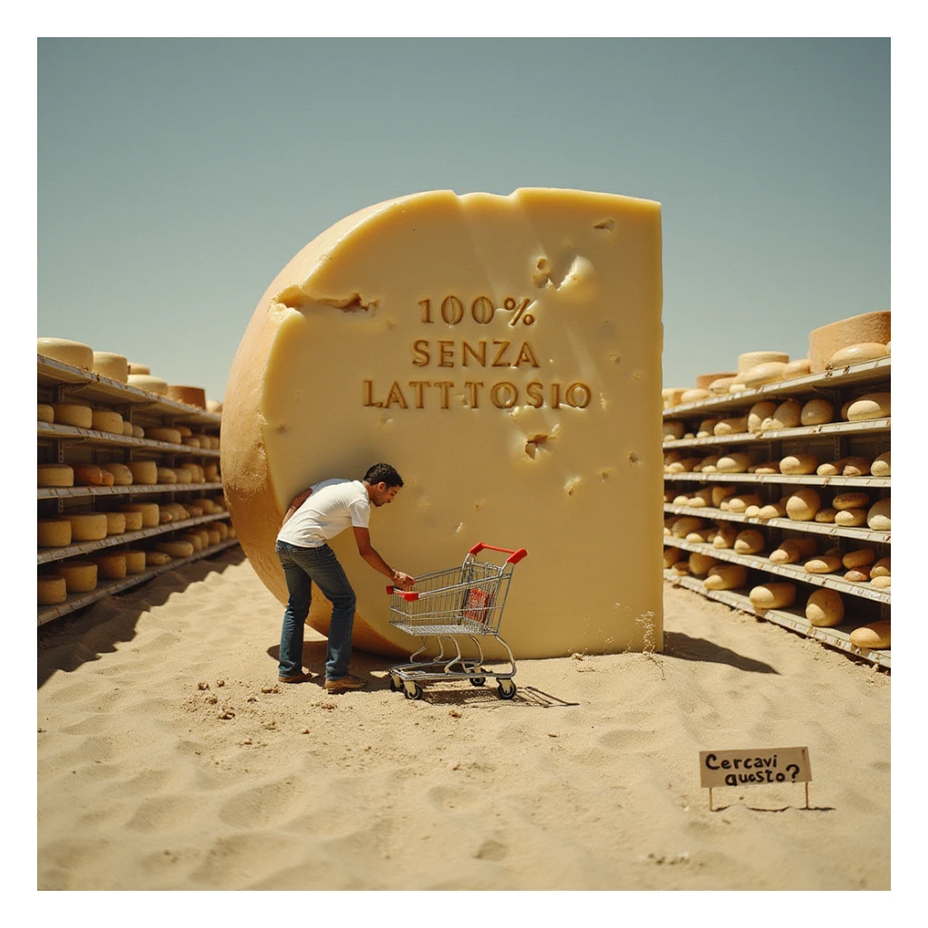 surreal scene of a dairy aisle transforming into a desert, a man reaching for a '100% SENZA LATTOSIO' cheese mirage dissolving into real aged Parmigiano, a sign in the sand saying 'Cercavi questo?', surreal grocery cart in the sand, hyper-realistic, dreamlike atmosphere sticker