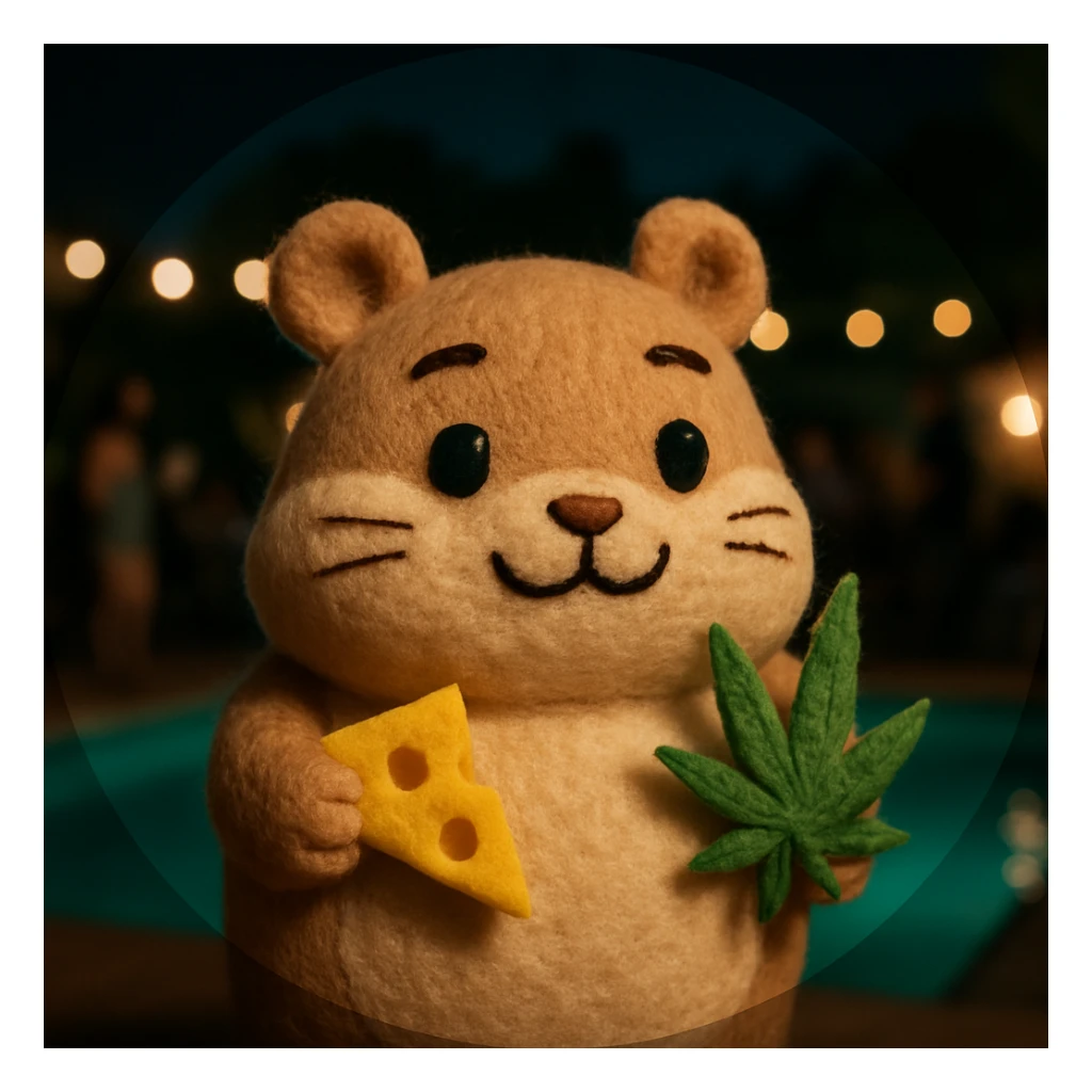Discord server icon, circular, centered composition of a hamster cult weed and cheese pool party at night, playful and plush, plush portrait style sticker