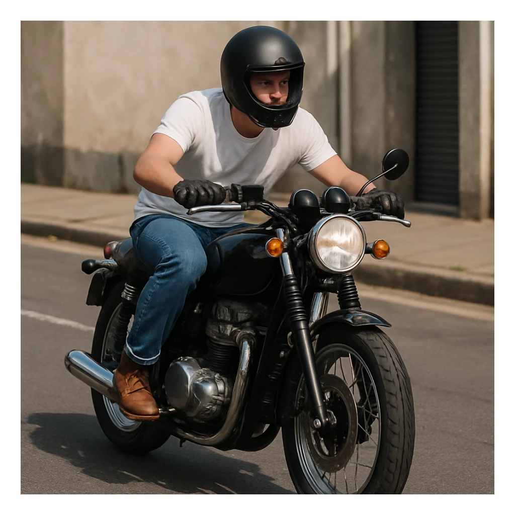 A motorcycle rider in maong pants and a white shirt. sticker