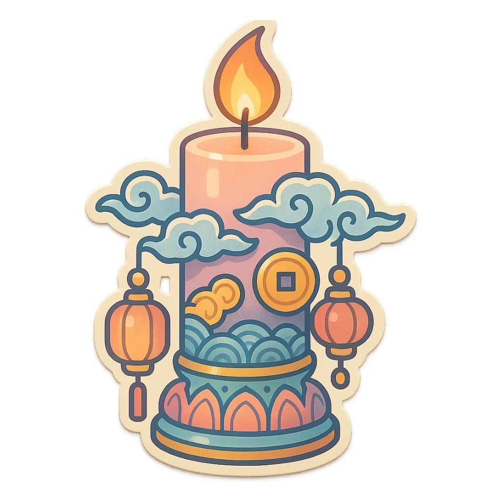burning candle in eastern style with decor (patterns, clouds, coins, lanterns), retro-stickers style, thin clean outlines, soft rounded shapes, detailed drawing with shadows and highlights, pastel palette #98B5BC, #B5B3C1, #C9A3C9, #E4C0CA, #F7DCD1, #F7C0AA, modern Japanese pop art, soft lighting, transparent background sticker