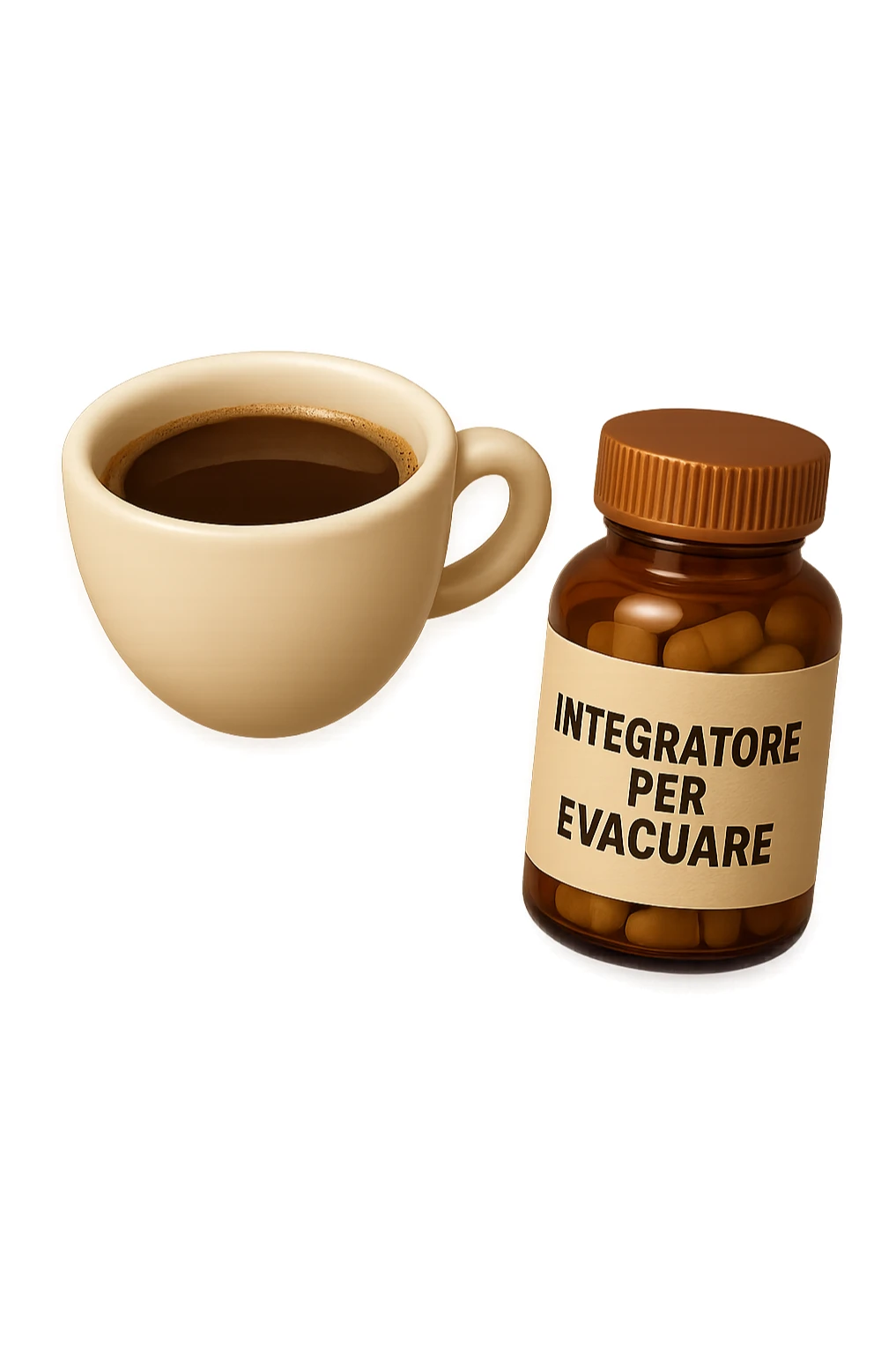 EMOJI STILE IPHONE 3D DI un caffè e di una boccetta di integratore con la scritta "INTEGRATORE PER EVACUARE" SULL'ETICHETTA CHE FLUTTUANO IN ARIA, iperrealistico 4k sticker