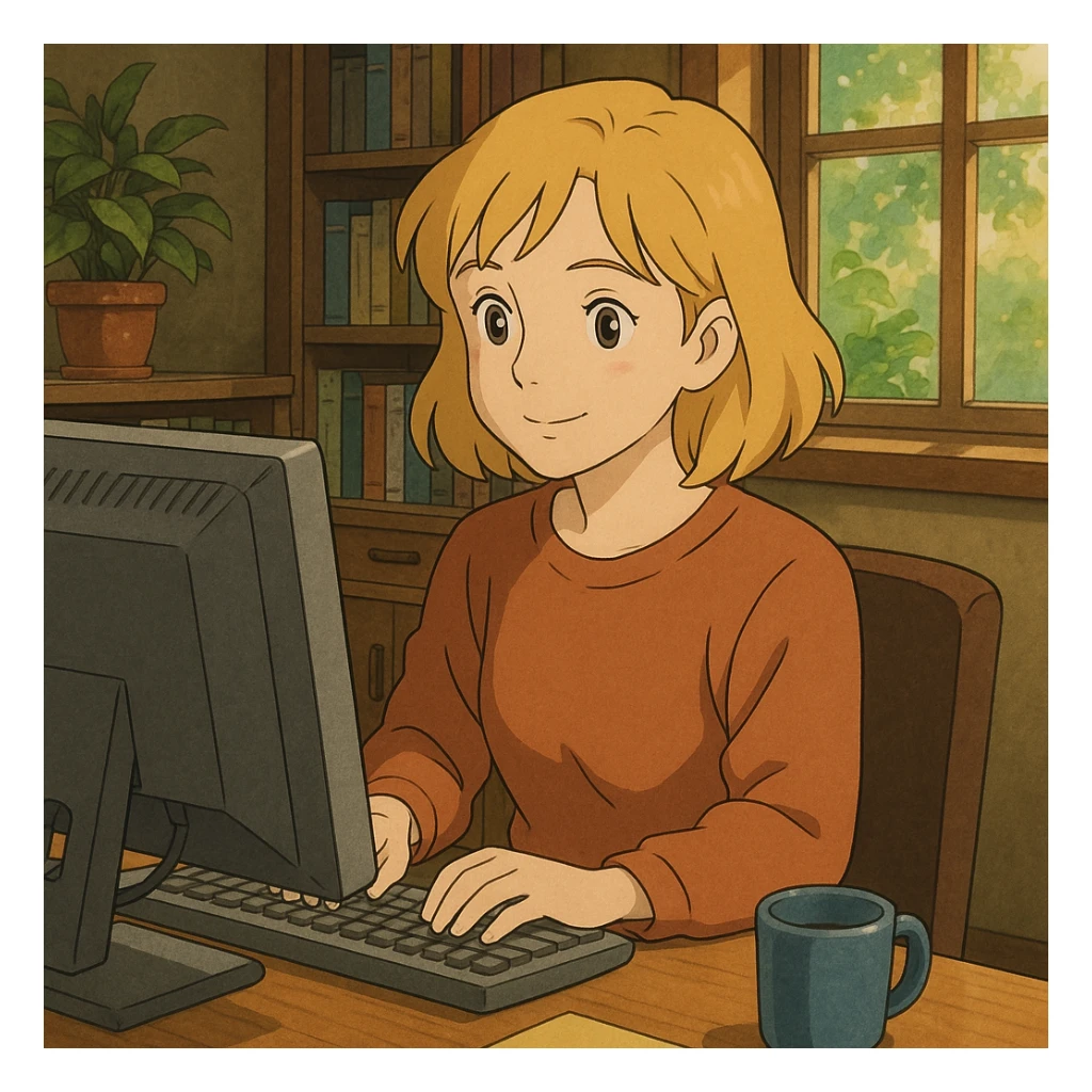 brown-eyed blonde young woman working on a computer in a cozy office sticker